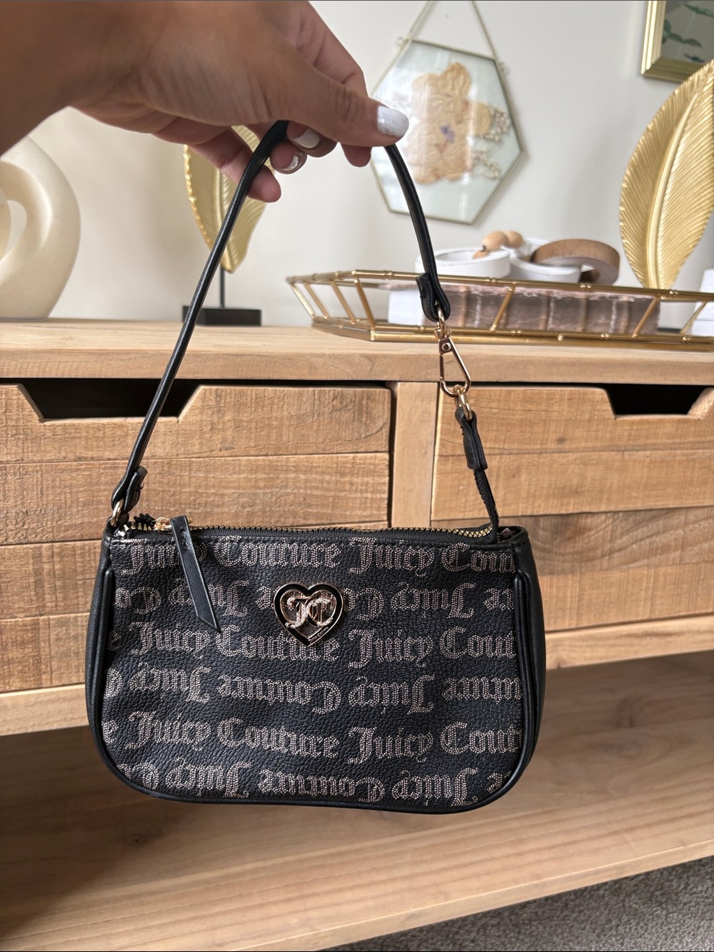 Juicy Couture Black Logo Monogram Shoulder Bag with Gold Heart Accent